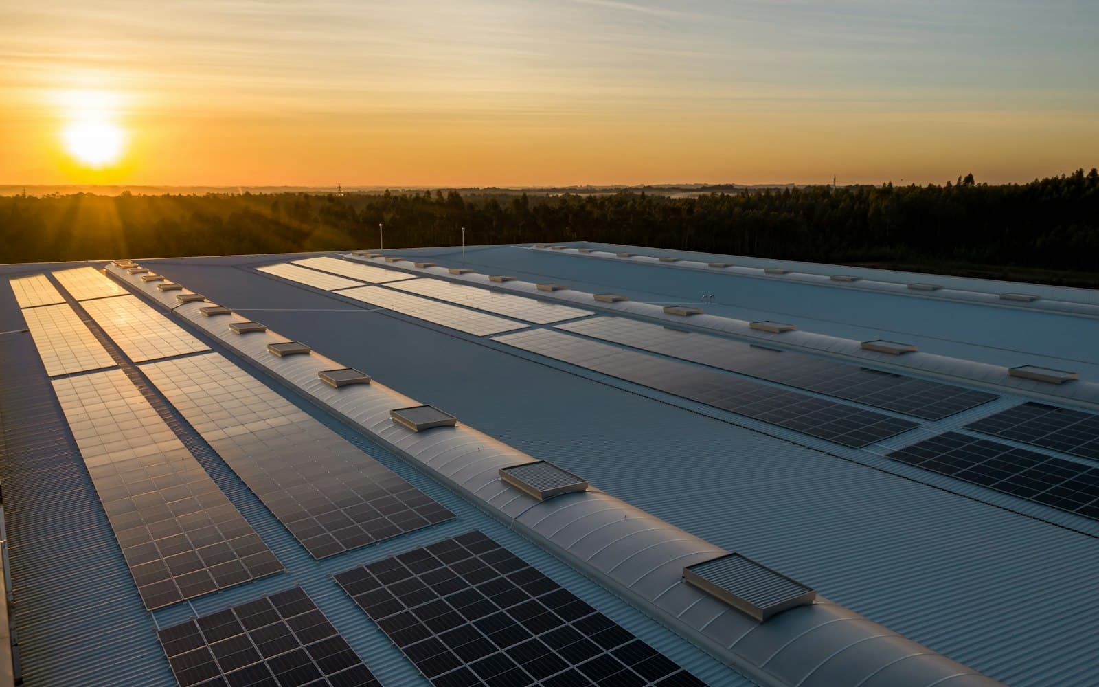 Techo de nave industrial cubierto de paneles solares, vista aérea